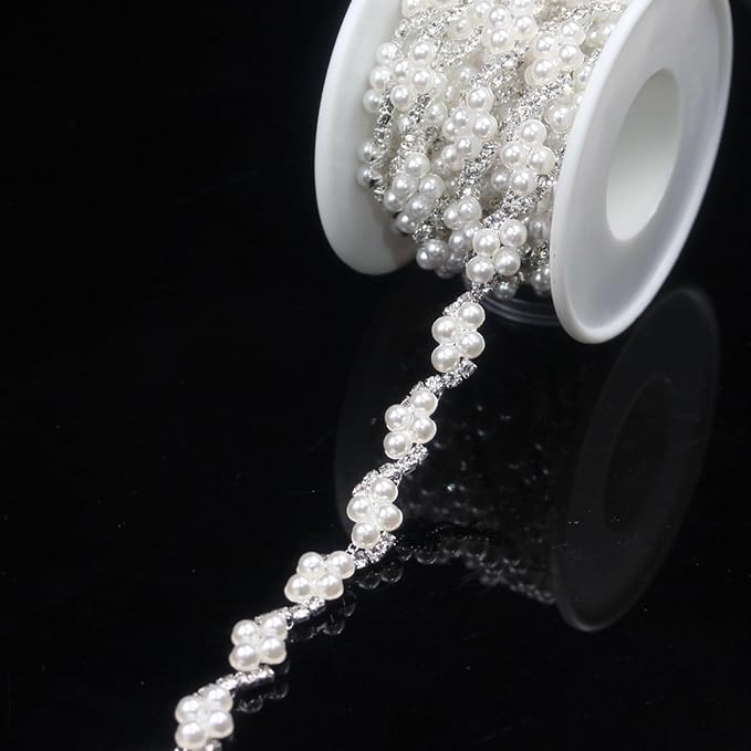 PEARLY JUN 1 Yard Pearl Rhinestone Trim Chain Silver Crystal Fringe Diamond Applique Ribbon String Tassel Strip for Sewing Wedding Dress Crafting Crafts Flower Embellishments