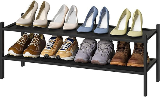 Black 2-Tier Long Stackable Bamboo Wood Shoe Rack for Closet, Entryway & Hallway