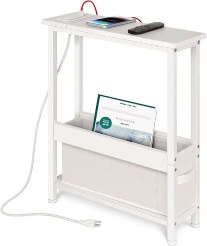 BAMGROW Slim Charging End Table with Storage - for Small Spaces and Bedroom (White)