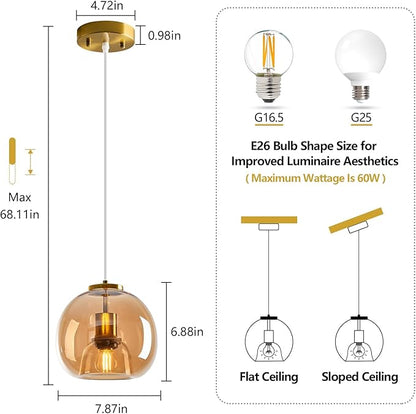 Amber Glass Pendant Lights Kitchen Island Gold Hanging Light Fixture Glass Globe Pendant Light Modern Pendant Lighting for Kitchen Island Bedroom Dining Room (7.87", 2 Pack)