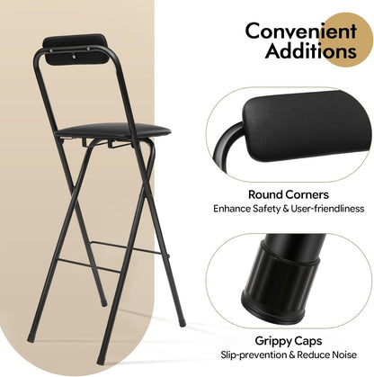 1 Pcs Folding Bar Stool with Backrest, 29.5 Inch Tall Foldable Stool Chair, Portable Space-Saving Counter Height Chair 275lbs Load Capacity for Kitchen Counter Home Dining, Black