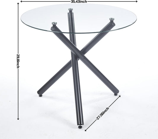 40'' Round Glass Dining Table,Modern Kitchen Table for 2-6 People,Dining Room Table with Tempered Glass Top and Metal Legs,Leisure Tea Coffee Table for Living Room,Dining Room (Black-4)