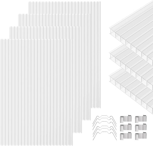 Polycarbonate Greenhouse Panels 5 Pack 4' x 2' x 0.16" Twin-Wall UV-Protected All Weather Plastic Roof Panel Clear Replacement Sheets for Garden Fences, Furniture DIY,Outdoor Roofing