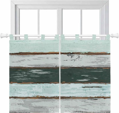 Blue Teal Kitchen Curtains 45 Inch Length, Short Cafe Window Curtains Tab Top, Vintage Wooden Retro Art Farmhouse Barns Light Filtering Window Treatments Tier Drapes 27.5"x45" 2 Panel
