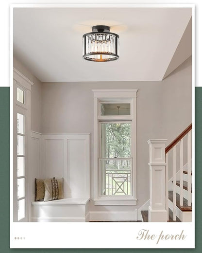Black Flush Mount Ceiling Light, 2- Light Caged Crystal Chandelier, Small Drum Hallway Light fixtures Ceiling Mount (8.6 INCH Black)