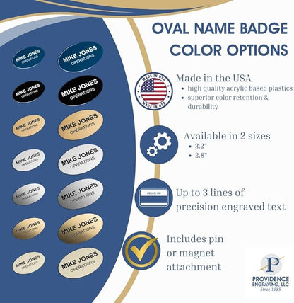 Custom Engraved Name Tag Badges – Personalized Identification with Pin or Magnetic Backing, 3.2 Inch Oval, Almond/Black