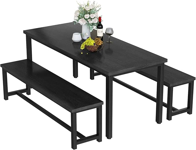 Recaceik Dining Room Table Set with 2 Benches, Kitchen Dining Table Set for 2-4 Person, Space Saving Kitchen Table and Chair Set with Metal Frame for Dining Room, Small Space, Breakfast Nook(Black)
