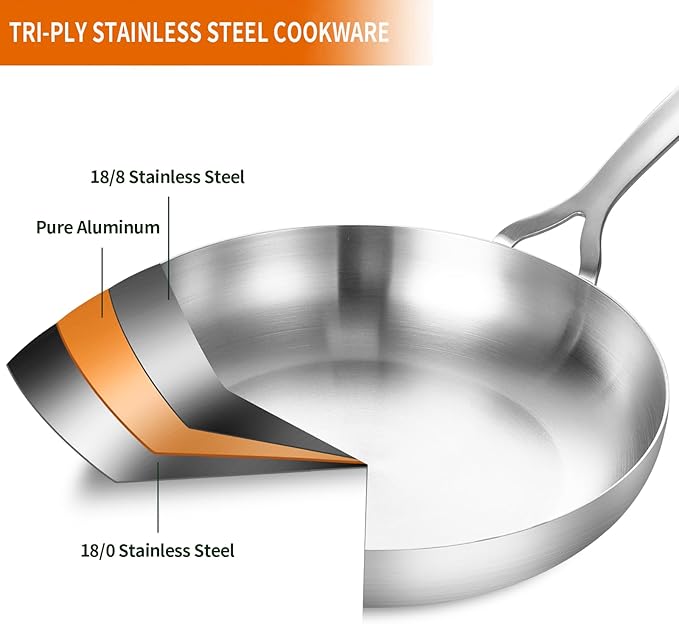 DELARLO Whole Body Tri-Ply Stainless Steel 12 Inch Frying Pan With Lid, kitchen large Skillet Suitable for All Stove Up to 600℉, 18/10 Cookware