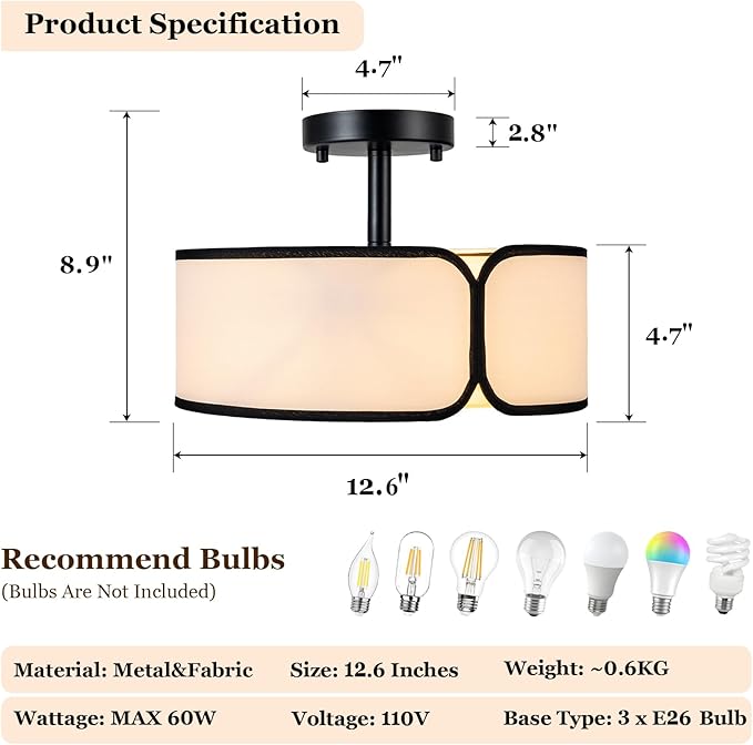 12.6" Semi Flush Mount Ceiling Light - 3 Light Drum Light Fixture with Black Border Fabric Shade, Modern Close to Ceiling Light for Dining Room Bedroom Kitchen Hallway Entryway, 2 Pack