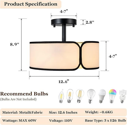 12.6" Semi Flush Mount Ceiling Light - 3 Light Drum Light Fixture with Black Border Fabric Shade, Modern Close to Ceiling Light for Dining Room Bedroom Kitchen Hallway Entryway, 2 Pack