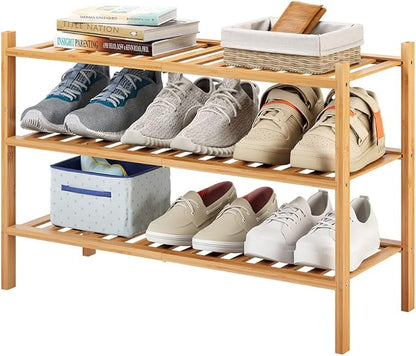 3-Tier Bamboo Shoe Rack for Entryway, Stackable | Heavy Duty | Multi-Function, Free Standing Shoe Racks for Bedroom Hallway Closet