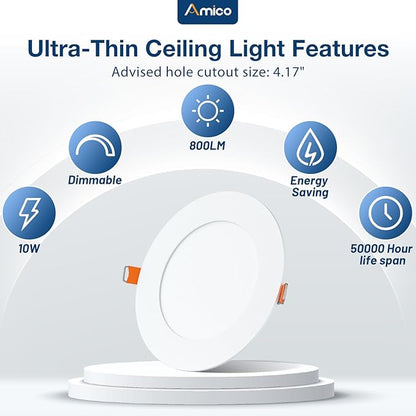 Amico 4 Pack 4 Inch 5CCT Ultra-Thin LED Recessed Dimmable Ceiling Light with Junction Box, 2700K/3000K/3500K/4000K/5000K Selectable, 10W Eqv 60W, 800Lumens, High Brightness Downlight - ETL&FCC