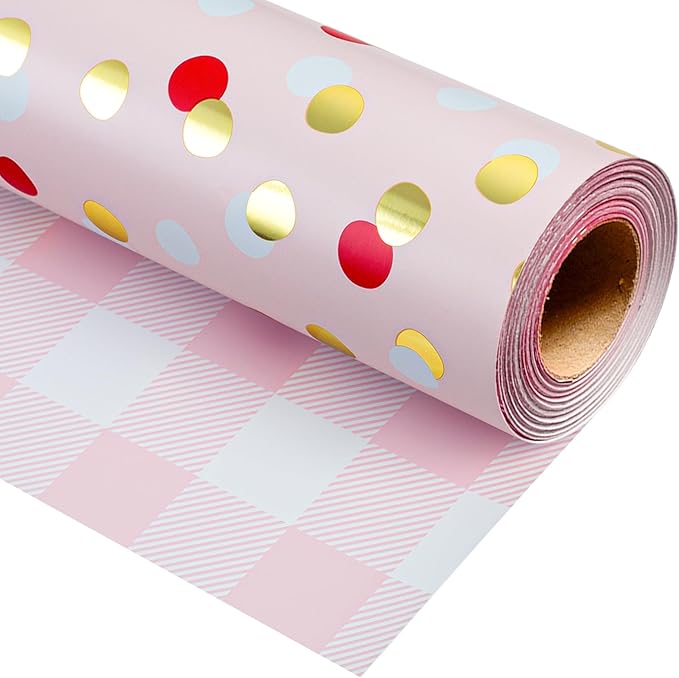Burymento Red Gold Dots Wrapping Paper, Reversible Pink Lattice Design Gift Wrap for Baby Shower, Birthday, Valentines, Mothers day, Graduation, Wedding, Fathers day, Christmas (17 Inch X 32.8 Feet)