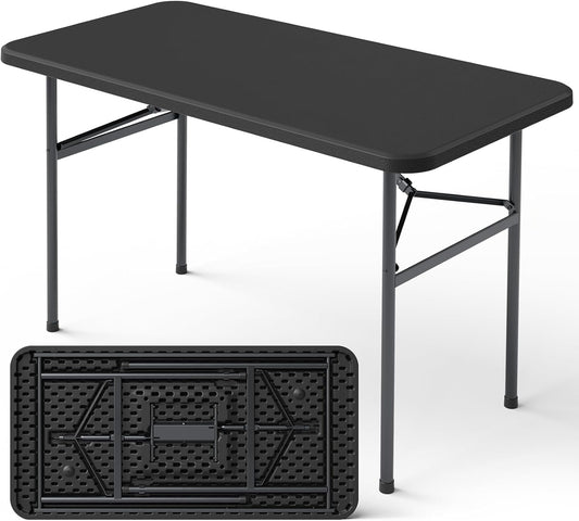 4ft Folding Table with Foldable Steel Legs, Heavy Duty Plastic Foldable Table, Metal Frame, Support up to 400 lb, Portable for Banquet, Craft, Party, Indoor & Outdoor Use, Black