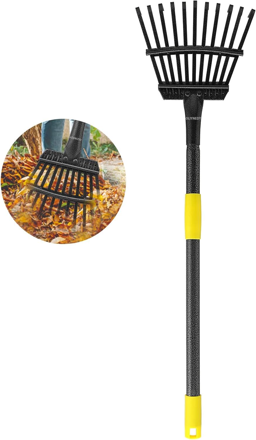 Oliynedy Leaf Rake for Gardening, Adjustable Metal Garden Rake for Leaves Long Handle 30-70", 11 Tines 9" Wide Small Lawn Collapsible Yard Adult Kids Rake for Camping Flower Beds Mulch Shrub
