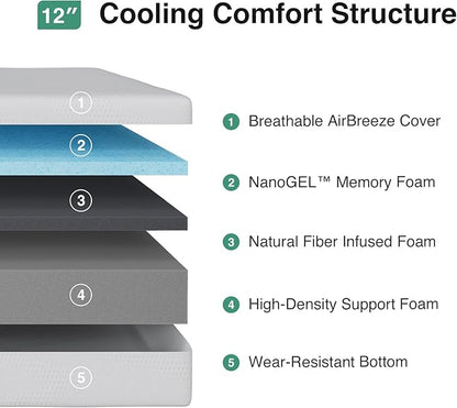 Novilla Twin XL Mattress, 12 inch Gel Memory Foam Mattress with Comfort Foam for Cooling Night Sleep, Comfort Support and Pressure Relief, CertiPUR-US Certified