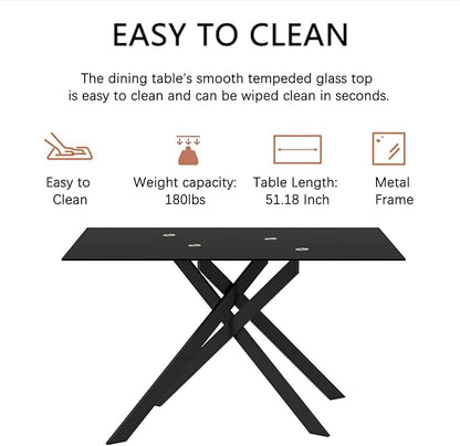 51" Rectangular Glass Dining Table Modern Kitchen Glass Top Table for 4 with Black Metal Legs, Clear Dining Table Kitchen Table for Home Office Dining Room