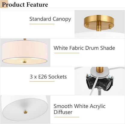 3-Light Gold Semi Flush Mount Ceiling Light,12" Drum Light with White Fabric Shade,Modern Close to Ceiling Light for Bedroom, Living Room, Kitchen, Dining Room, Hallway and Entryway