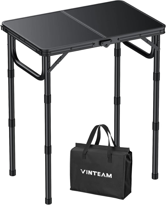 VINTEAM Camping Folding Table with Adjustable Height, Lightweight Portable Outdoor Picnic Table, BBQ Grill Side Table, Durable Aluminum Frame, MDF Desktop for Camping, Fishing, RV, Beach (Black) | Max Load 30kg MDF Surface Easy to Clean, Lightweight