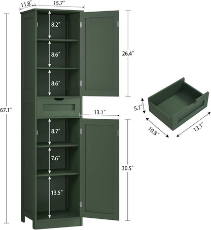 TEENFON Tall Bathroom Cabinet with 2 Doors & 1 Drawer, Narrow Bathroom Storage Cabinet with Adjustable Shelves, for Living Room, Entryway, Kitchen, Forest Green