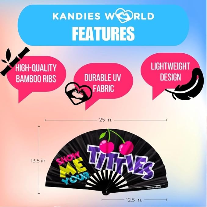 Kandies World UV Reactive Custom Festival Folding Hand Fan - Unique Designs, Made of Bamboo, Clacking Sound, Lightweight - Perfect Rave and Festival Accessory!