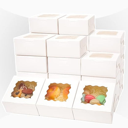 Bakepacker 60pcs White Bakery Boxes with Window 6x6x3 inches Thick & Sturdy Macaroon Pastry & Cookie Boxes