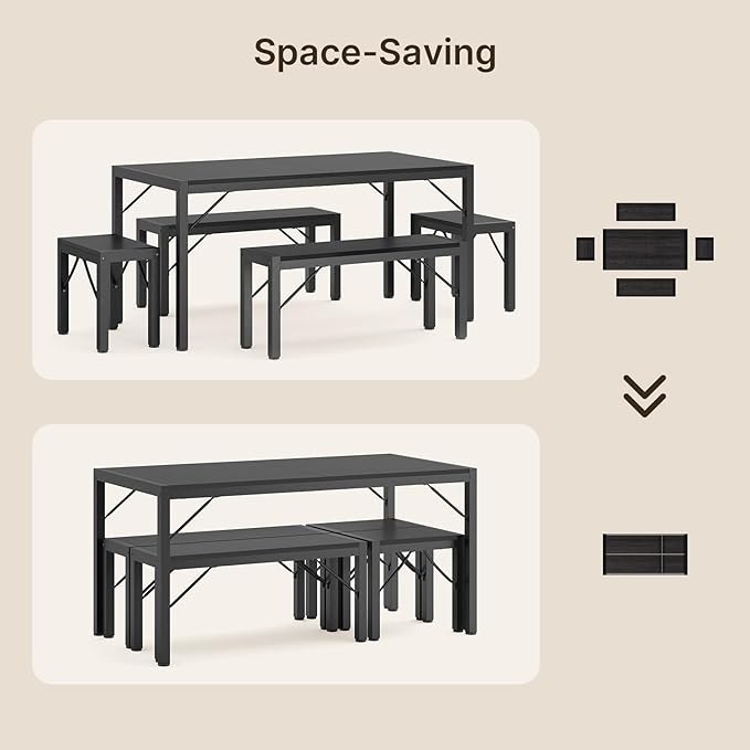 Gizoon 63" Dining Room Table Set for 6, Kitchen Table with 2 Benches and 2 Stools, Dining Table Set with Metal Frame, Space-Saving Kitchen Table Set for Apartment, Black