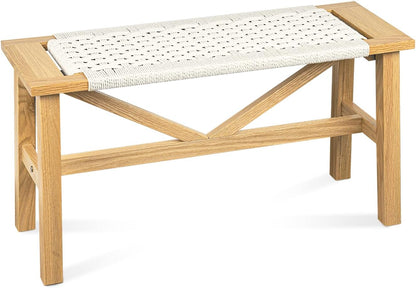Solid Wood Narrow Bench, 33.46" Woven Bench for Entryway and Hallway, End of Bed Bench with Oak Frame, Boho Accent Bench - 500lbs Capacity (Natural Beige)