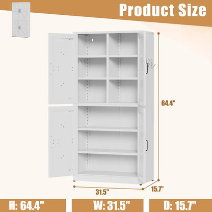 White Steel Kitchen Pantry Storage Cabinet with Adjustable Shelves, Heavy Duty Country Style Metal Storage Cabinet for Kitchen Bathroom Living Room