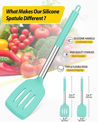 Pack of 2 Silicone Solid Turner, Non Stick Slotted Kitchen Spatulas, High Heat Resistant BPA Free Cooking Utensils, Ideal Cookware for Fish, Eggs, Pancakes(Green)