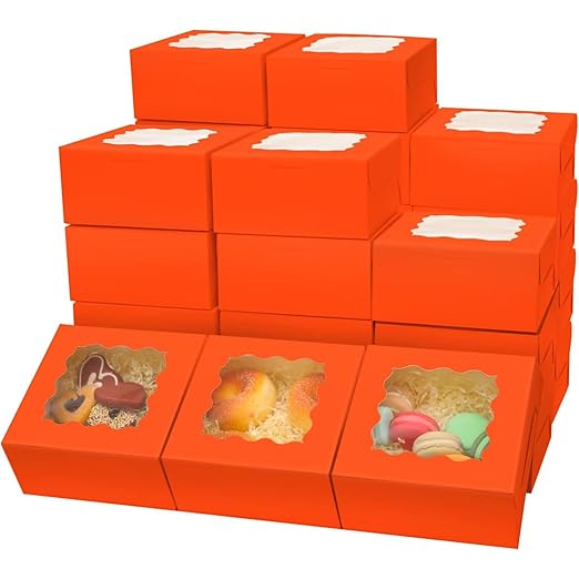 Bakepacker 60pcs Orange Bakery Boxes with Window 6x6x3 inches Thick & Sturdy Macaroon Pastry Boxes Cookie Boxes for Bakerys