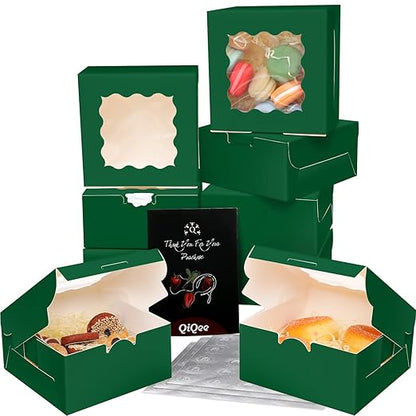 Bakepacker 60pcs Deep Green Bakery Boxes with Window 6x6x3 inches Thick & Sturdy Macaroon Pastry Boxes Cookie Boxes for Bakerys
