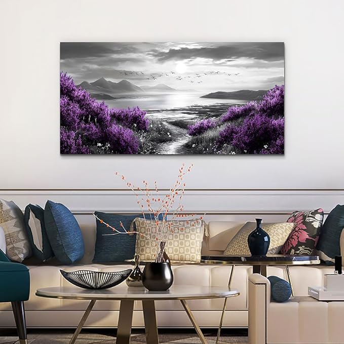 Canvas Wall Decor for Office Large Wall Art for Living Room Modern Bedroom Wall Decoration Purple Flowers Landscape Pictures Black and White Scenery Paintings Artwork Aesthetic Home Decor