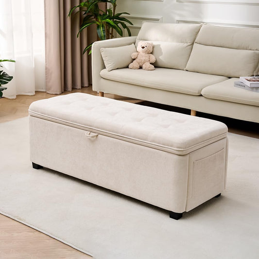 45" Storage Ottoman Bench, Tufted Ottoman with Storage for Living Room, Large End of Bed Ottomans, Modern Entryway Benchs, Window & Bedroom Benches for Foot of Bed (Ivory)