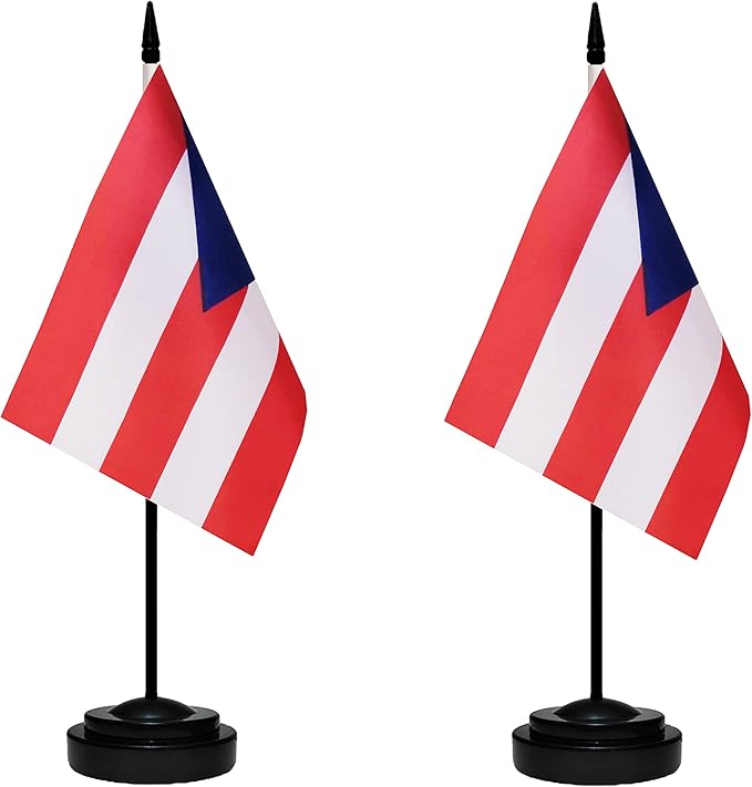 Puerto Rico Puerto Rican Deluxe Desk Flag Set Small Mini Miniature Puerto Rico Puerto Rican Table Desktop Flags With Solid Pole, Black Base and Spear Top(2 Pack)
