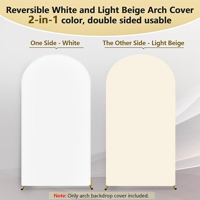 Hemmotop 7.2 ft Arch Backdrop Cover (One Piece Double Color), White and Light Beige Spandex Arch Stand Covers, Fabric Stretchy Background for Balloon Arches, Wedding, Birthday Party, Baby Shower