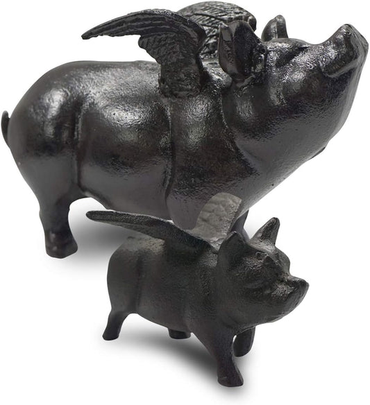 NACH Cast Iron Pig Statue - Black Door Stopper & Paperweight, 9x4x6 inch, JS-90-7131