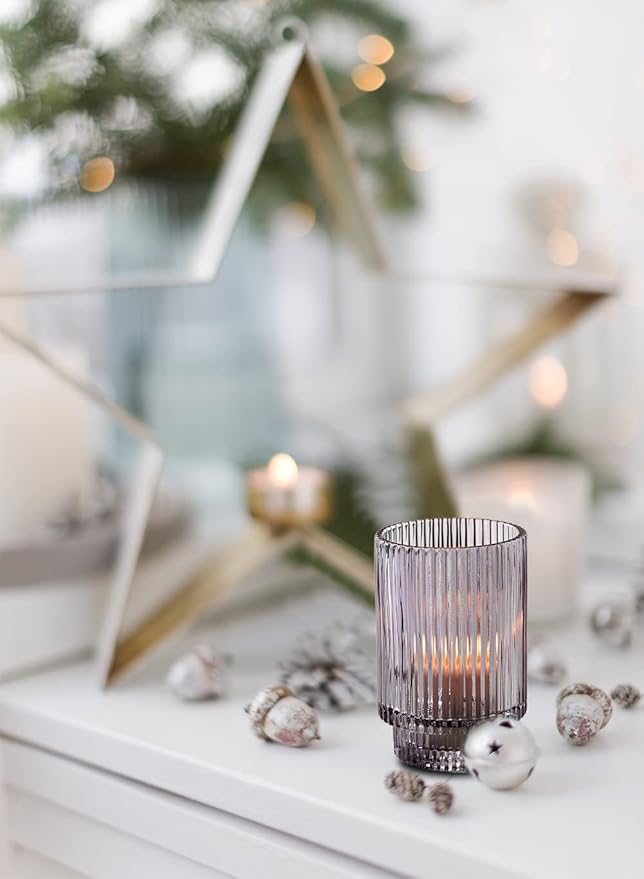 Serene Spaces Living Smoke Ribbed Glass Votive Holder, Perfect for Weddings and Home Décor, Measures 5" Tall and 3.25" Diameter