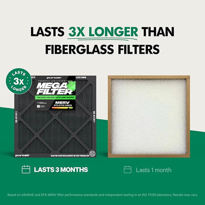 PuroAir MegaFilter - 14x20x1 Air Filter MERV 13 Activated CarbonTech Defense - Heavy Duty 3 Layer Furnace Filters Allergens, Pollen, Dust, Pet Dander, Smoke, Odors - HVAC Air Filter 14x20x1 (2-Pack)