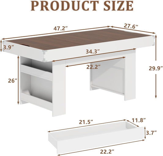 47″ Dining Table with Storage Shelf & Drawers,Multi-Functional Dining Game Table for 4–6-Removable Top, Space-Saving Convertible Design w/Hidden Storage, for Poker Card Games Family Meals
