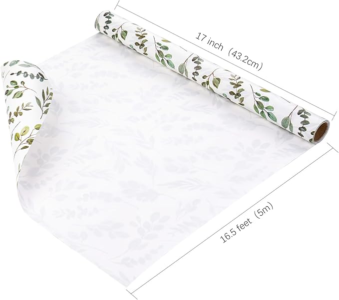 WRAPAHOLIC Kraft Wrapping Paper - Mini Roll - 17 Inch x 16.5 Feet - Eucalyptus Leaves Wrapping Paper for Wedding, Birthday, Bridal Shower, Tea Party, Drawer Liners, Home Closet Shelves