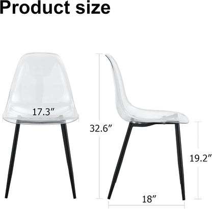 JUFU Acrylic Dining Chairs Set of 4, Modern Clear Chairs with Transparent Seat, Ergonomic Acrylic Side Chairs with Black Metal Legs for Dining Room, Kitchen, Living Room