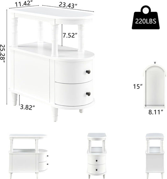 Wood End Table with 2 Drawers and Storage Shelf, Narrow Sofa Side Table for Living Room, Vintage Slim Nightstand Bedside Table for Bedroom, Slim Chair Side Table White BGA508WT