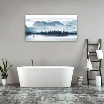 arteWOODS Indigo Canvas Wall Art Misty Mountain Wall Pictures Foggy Lake Boat Canvas Painting Prints Forest Birds Canvas Wall Decor for Living Room Wall Decorations Framed Ready to Hang 24" x 48"