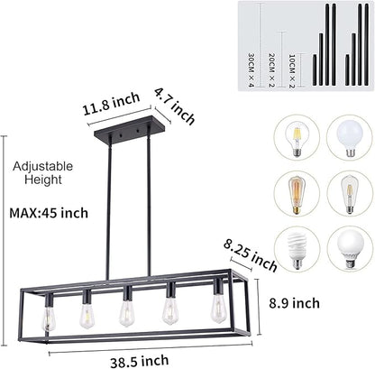 Kitchen Light Fixtures Dining Room Light Farmhouse Rectangle Chandeliers for Dining Rooms, Light Fixture Matte Black 5-Light Industrial Pendant Lighting