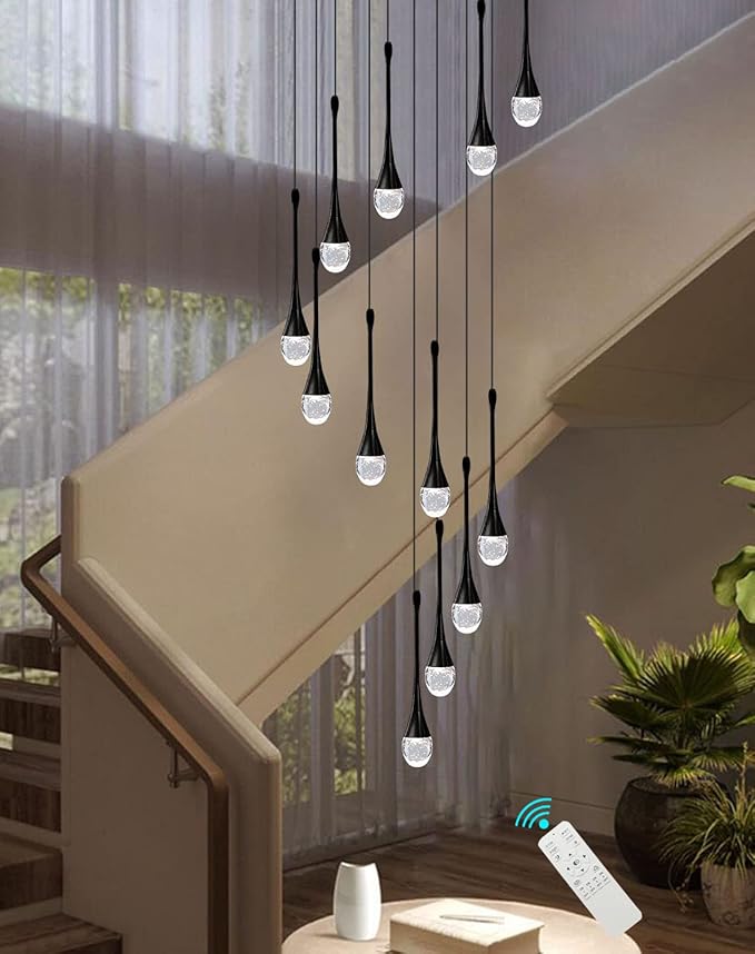 12-Light Black Raindrop Crystal Chandelier 120'' High Ceiling foyers Entrance Chandeliers Staircase Long Pendant Light Dimmbale LED 2700-6000K