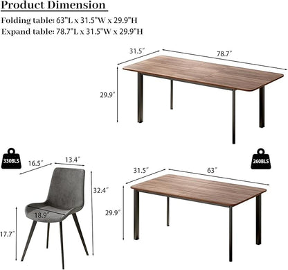 9PCS 63"- 78.7" Extendable Dining Table Set, Kitchen Table with PU Leather Dining Chairs for 6-8 Person, Thickened Expandable MDF Wooden Table with Metal Legs
