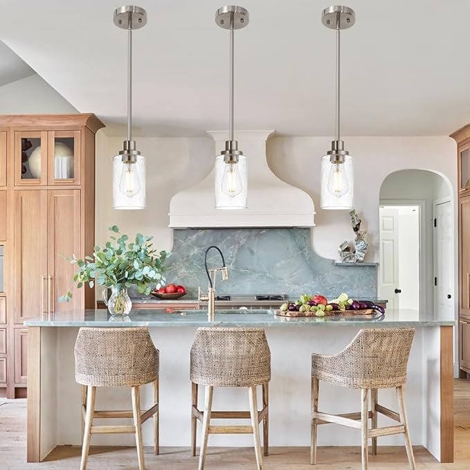 Pendant Light Fixture in Brushed Nickel Finish, 1-Light Modern Hanging Lighting Over Table, Adjustable Kitchen Island Lighting for Hallway Bedroom Office Bar Farmhouse