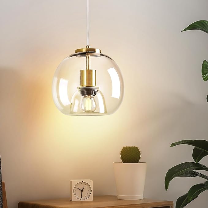Clear Glass Pendant Light Fixture Kitchen Island Gold Hanging Light Globe Modern Pendant Lighting for Kitchen, Bedroom & Dining Room (7.87", 1 Pack)