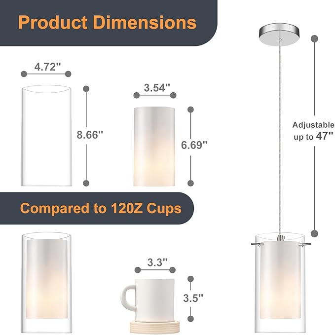 1-Light Pendant Light, Indoor Glass Hanging Light Fixture, Adjustable Height, Brushed Nickel Finish for Kitchen Dining Room, KP-506